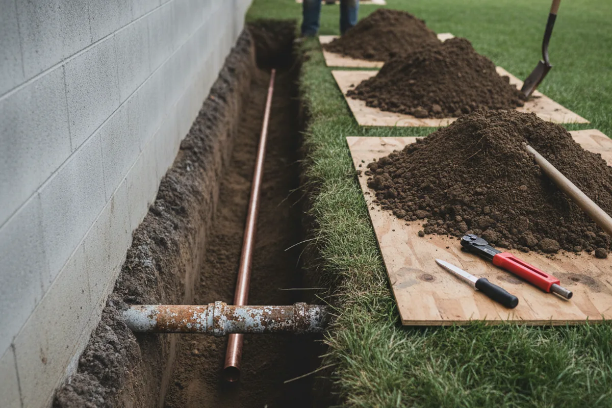 Excavated water line trench during Water Softener Installation in Dora